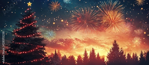 Colorful fireworks illuminate a dark night sky over silhouetted evergreen trees with a bright, decorated Christmas tree in the foreground.
