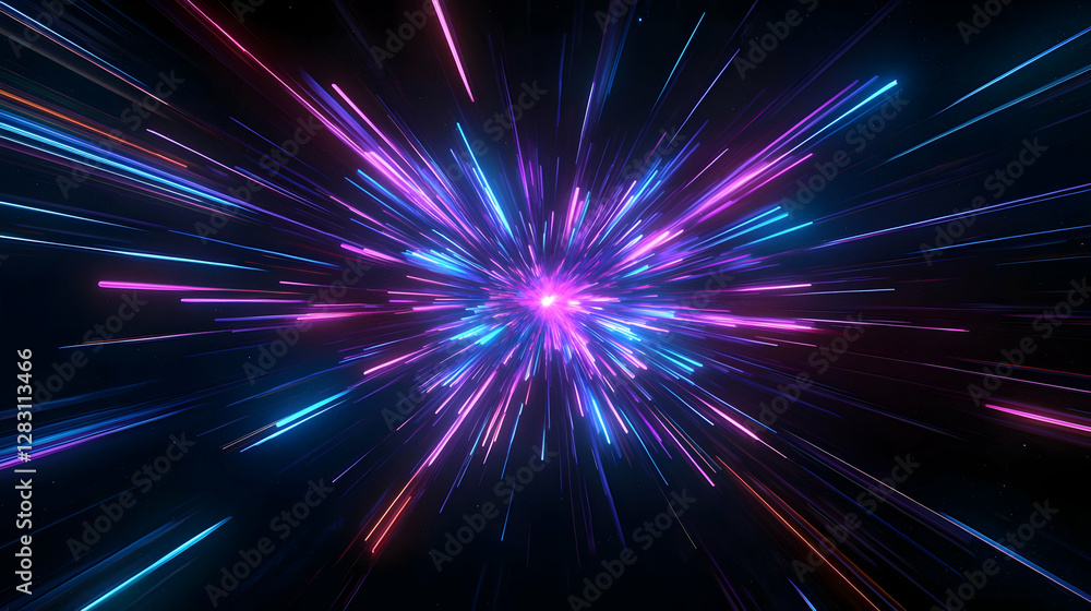 Fototapeta premium Abstract Digital Explosion Of Light Particles On Black Background With Bright Colors And Flare