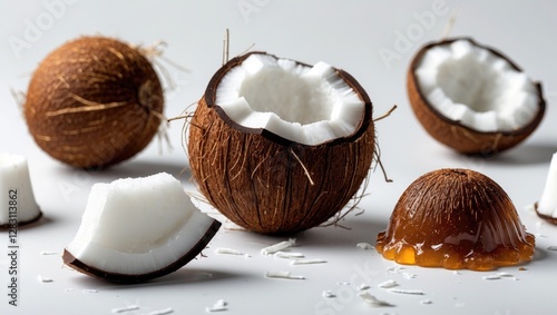 Coconuts with open shells and coconut meat pieces on a white surface with jelly and shredded coconut flakes photo