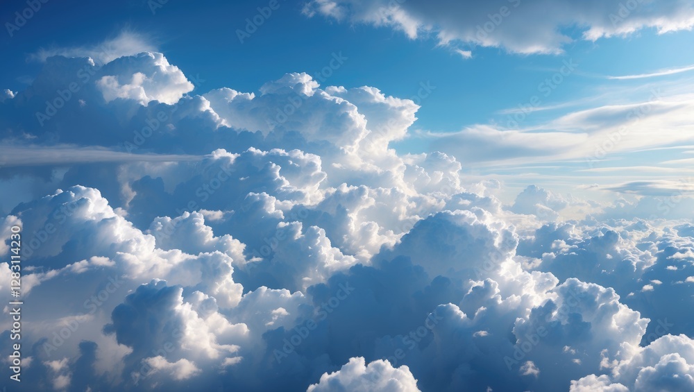 Dramatic view of fluffy white clouds against a bright blue sky during daytime with soft sunlight illuminating the cloud formations Dramatic view of fluffy white clouds against a bright blue sky during daytime with soft sunlight illuminating the cloud formations