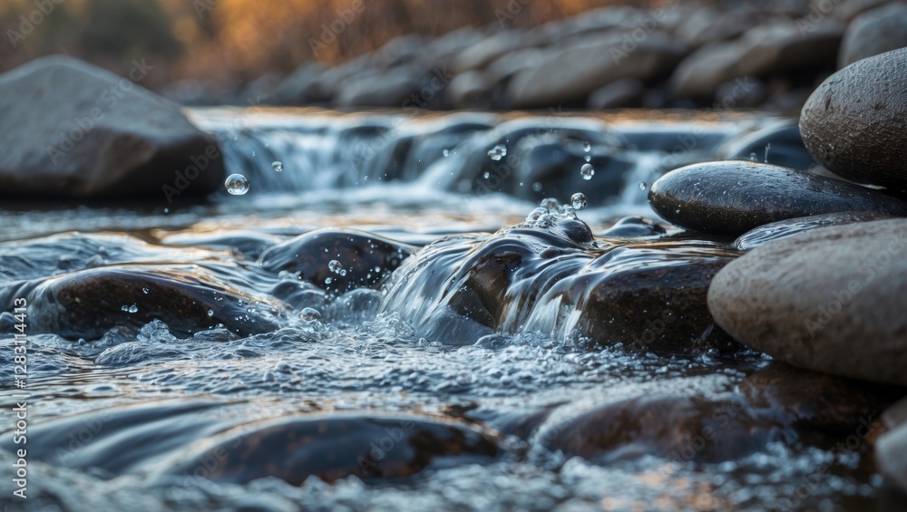 Fototapeta premium Close-up view of smooth river stones with flowing water cascading over them illuminated by warm sunlight in a natural outdoor setting