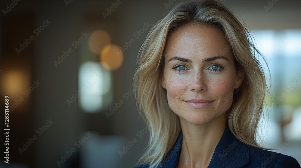 Fototapeta premium Confident businesswoman in a navy blazer, embodying professionalism and determination.