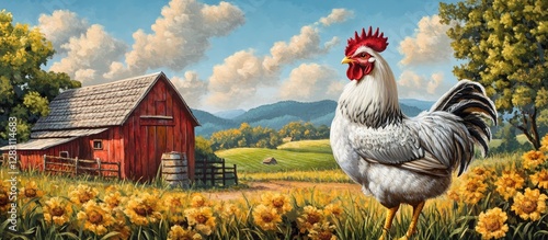 Vibrant farm scene featuring a majestic gray and white hen with yellow accents standing in a field of flowers near a red barn under a blue sky