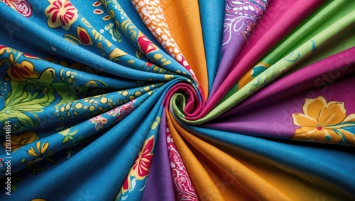 Colorful patterned fabric arranged in a spiral showcasing various floral and geometric designs on a rich textile background photo