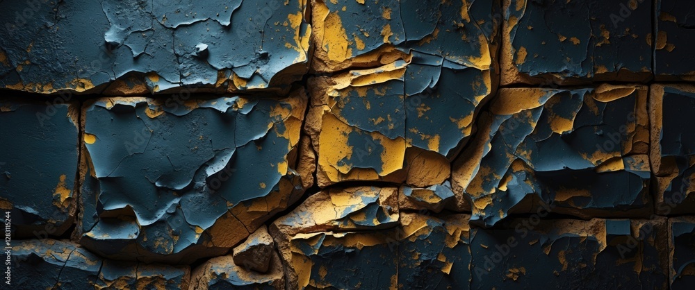 Obraz premium painted wall with cracked and peeling blue and yellow texture background