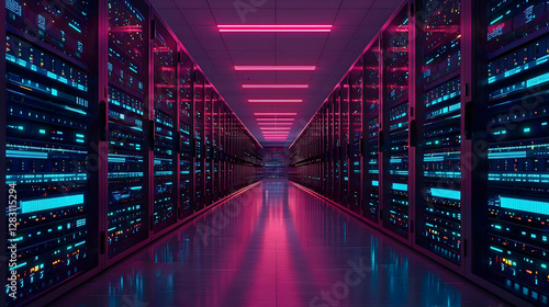 Illuminated Data Center Corridor With Pink And Blue Lights Reflecting Technology and Computing Infrastructure