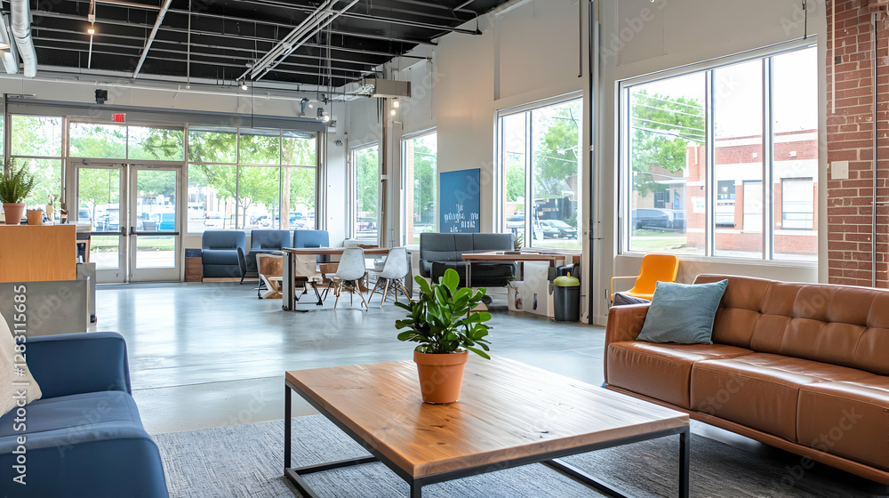 Fototapeta premium Modern Office Interior With Blue Sofa Brown Leather Couch Wooden Table and Large Windows Displaying Natural Daylight