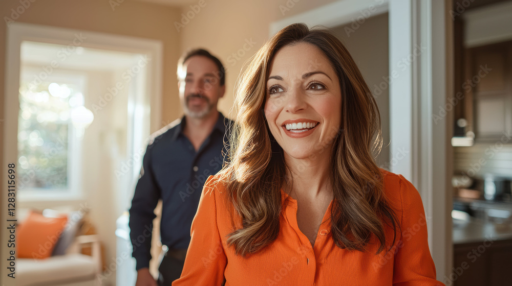 Cheerful woman smiling in bright room with man in background Cheerful woman smiling in bright room with man in background