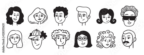 people avatars for social media, website doodle hand drawn icon set. Outline drawing trendy portraits girls and guys line clipart symbol collection. 