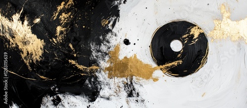 Abstract artwork in black white and gold showcasing dynamic brushstrokes with rich texture and depth creating an engaging visual experience.