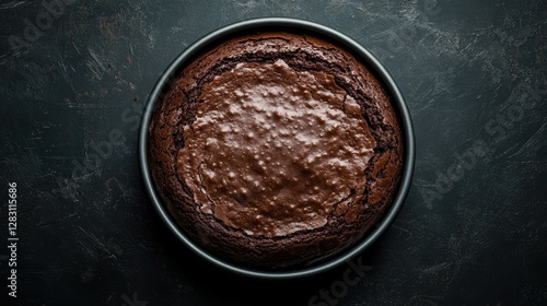 Decadent homemade chocolate brownie cake in a round tin, showing its soft, fudgy texture, captured from a top-down angle.