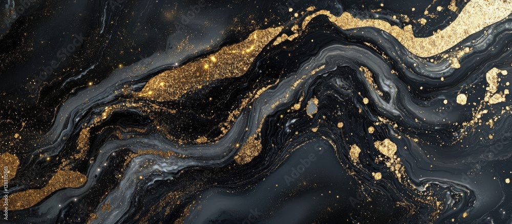 Elegant abstract background featuring swirling black and gold patterns with shimmering accents, conveying depth and sophistication. Elegant abstract background featuring swirling black and gold patterns with shimmering accents, conveying depth and sophistication.