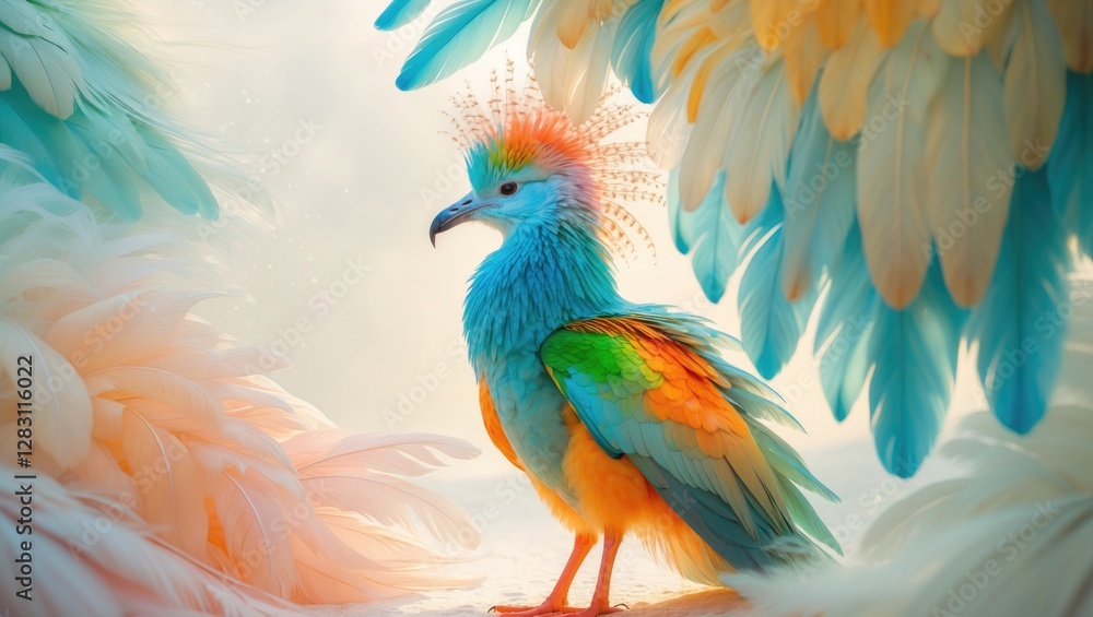 Obraz premium Colorful tropical bird with vibrant plumage surrounded by large feather-like formations in soft pastel hues