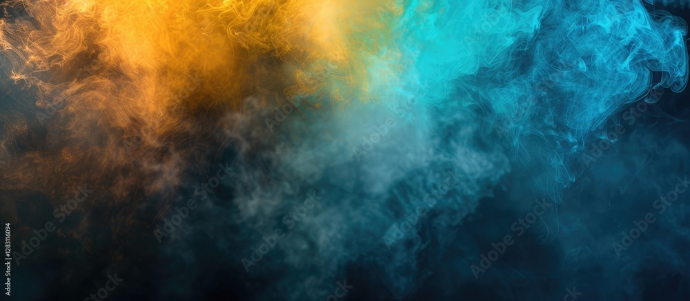 Obraz premium Vibrant blue and yellow steam swirling against a dark background with ample space for text and design elements positioned centrally for customization
