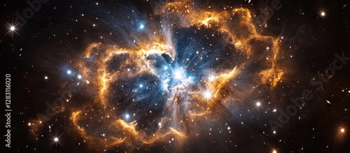 Vibrant galaxy scene with orange and blue nebula clouds, dazzling stars against a dark backdrop, showcasing the beauty of deep space.