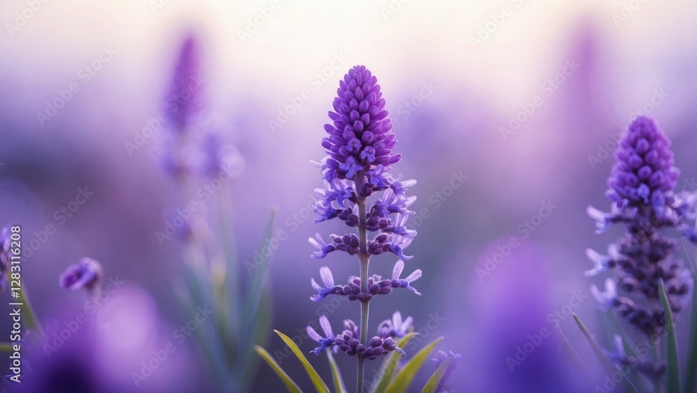 Fototapeta premium Close-up of vibrant purple flowering plant with soft blurred background in garden setting during daylight.
