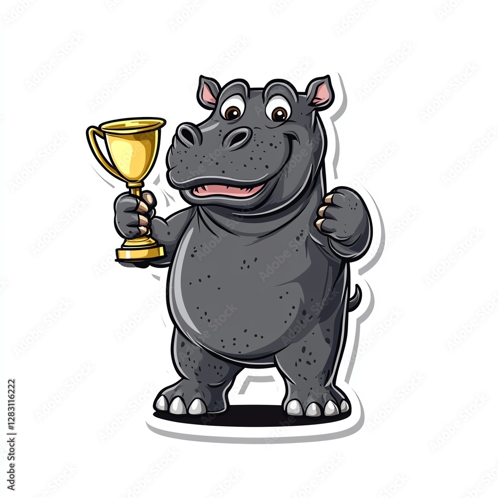 Fototapeta premium A cheerful hippo cartoon character proudly holding a golden trophy in its hands.