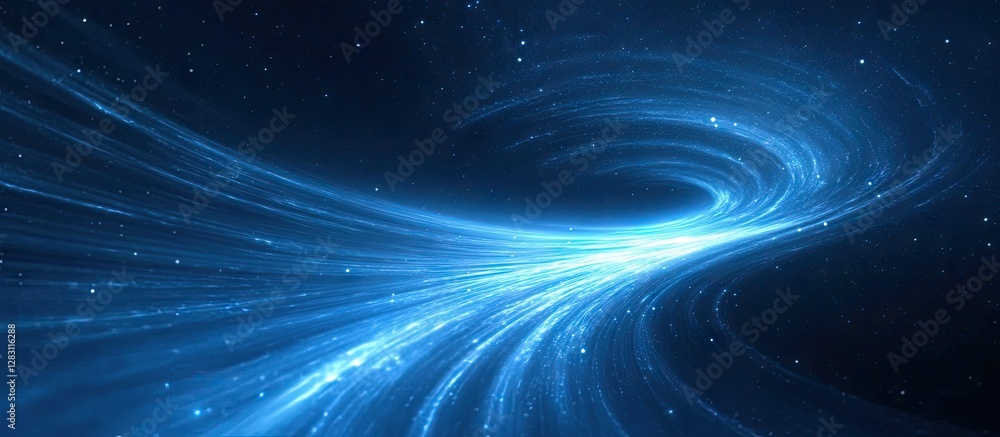 Obraz premium Abstract blue swirling light effect on a dark background with a focus on a central glowing vortex creating a cosmic star trail illusion.