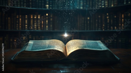 A tattered book sits open on a table in a library shrouded in darkness. Its pages are yellowed with age, but one word glows faintly in the center of the text, emitting a soft, otherworldly light. 