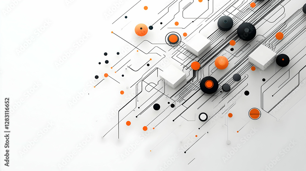 Abstract Geometric Design with Orange Black and White Shapes on White Surface Abstract Geometric Design with Orange Black and White Shapes on White Surface