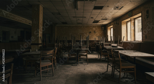 Shadowy interior of a closed down restaurant tables and chairs stacked up