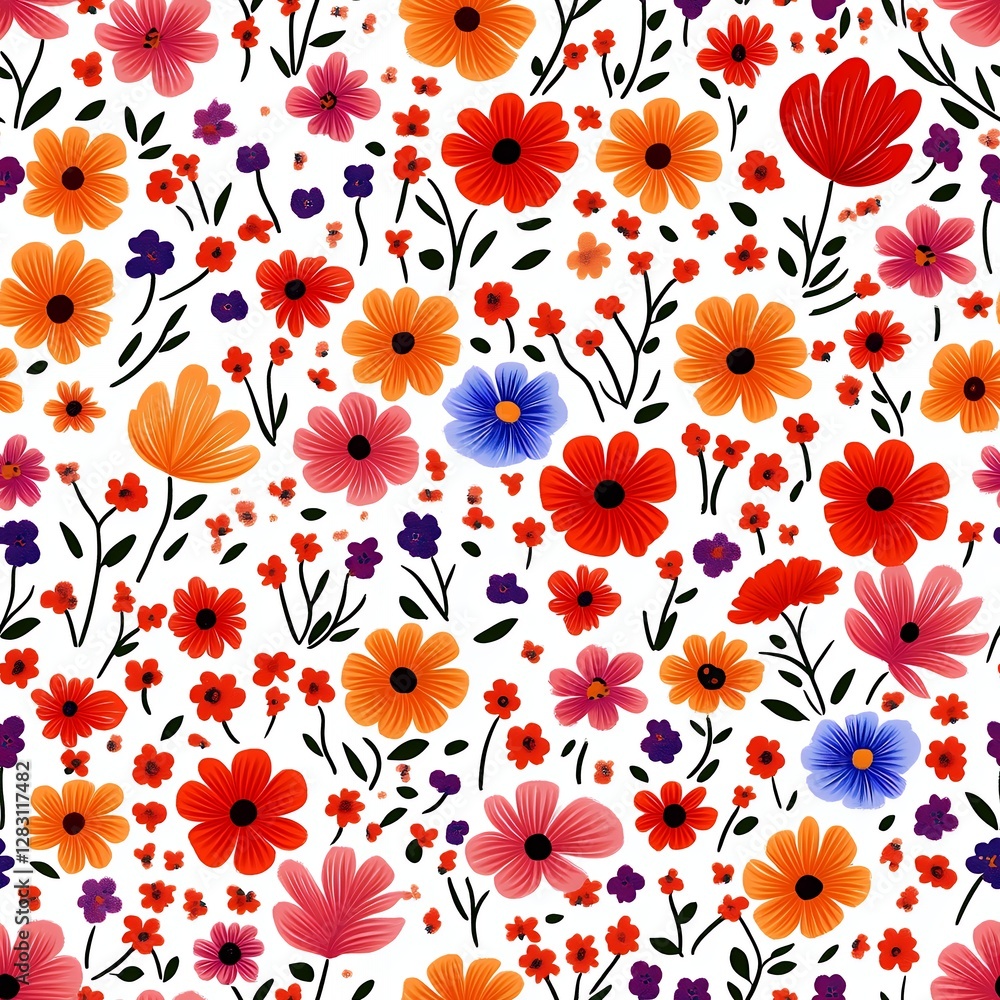 Vibrant Floral Pattern with Various Flowers on a White Background for Cheerful Decor Vibrant Floral Pattern with Various Flowers on a White Background for Cheerful Decor