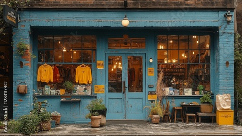 Colorful storefront of a trendy boutique with yellow sweatshirts and plants outside. Generative AI