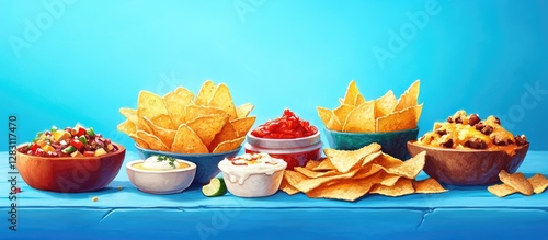 Colorful array of crispy chips nachos and creamy dips arranged on a vibrant blue background featuring bowls of salsa guacamole and queso