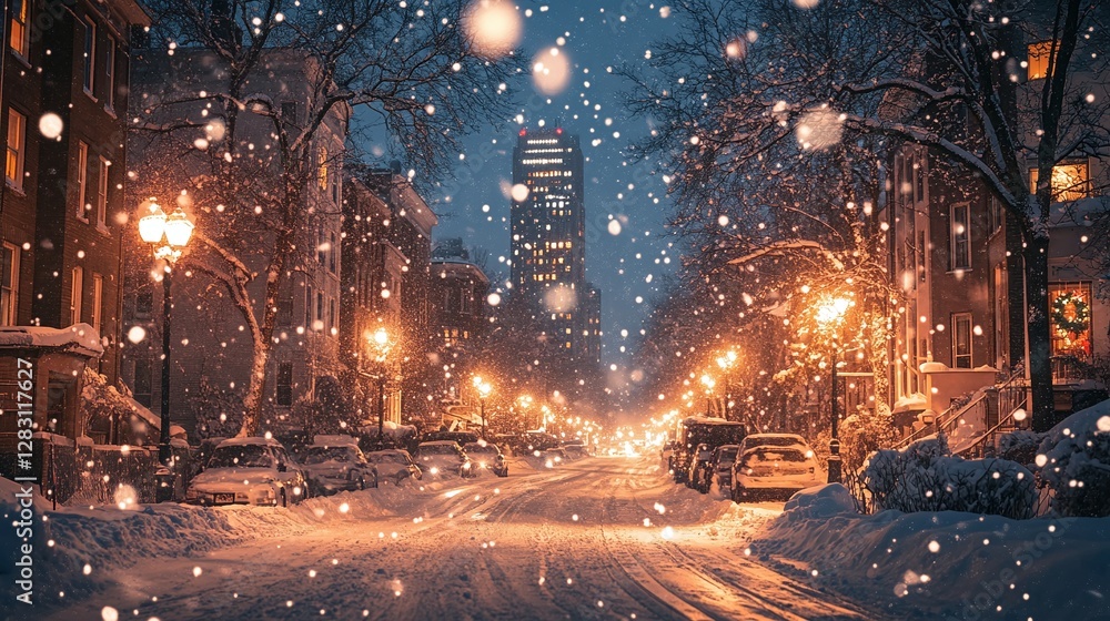snowfall in the city at night, with buildings and homes on the road lit by festive holiday lights and street lamps, showcasing the calm and cozy ambiance of the winter season snowfall in the city at night, with buildings and homes on the road lit by festive holiday lights and street lamps, showcasing the calm and cozy ambiance of the winter season