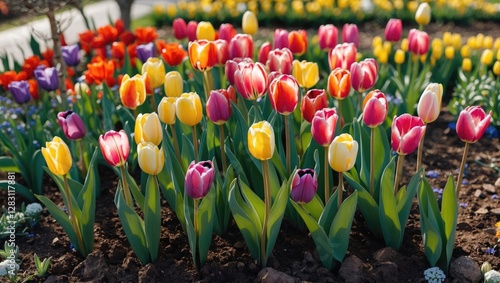 Colorful tulip flowers in full bloom in a well-kept garden bed during sunny weather on a spring day. photo