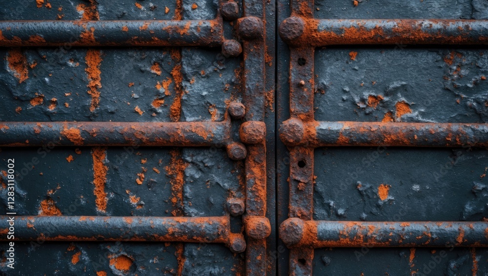 Rusty metal door with a textured surface featuring corrosion and peeling paint against a dark blue background. Rusty metal door with a textured surface featuring corrosion and peeling paint against a dark blue background.