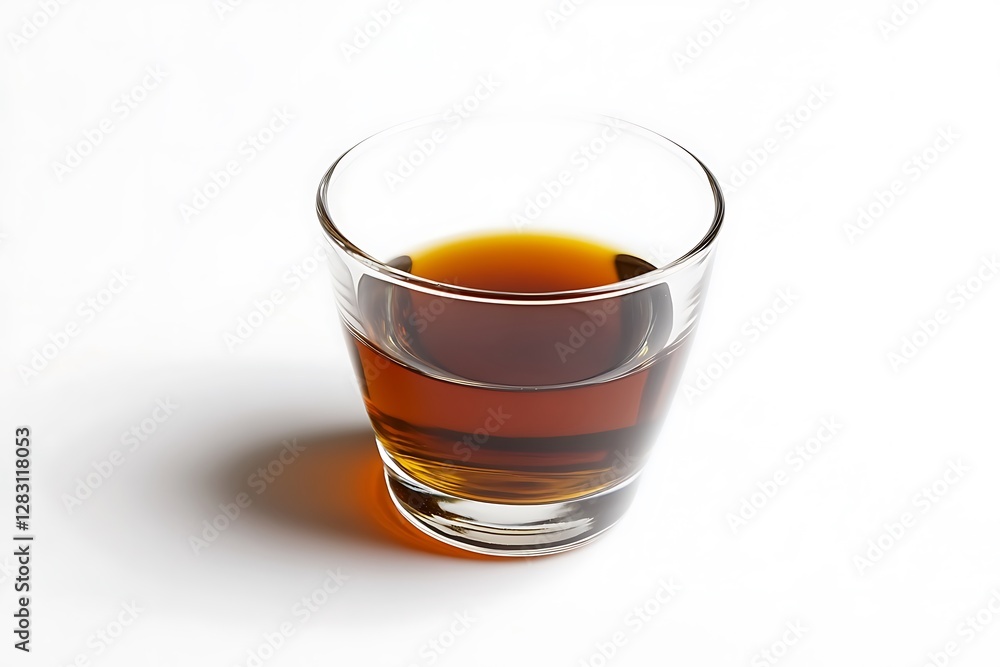 Glass of Amber Liquid on White Background Glass of Amber Liquid on White Background