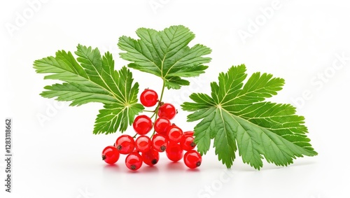 Red currant berries with green leaves arranged on a white background showcasing fresh organic fruit and foliage.