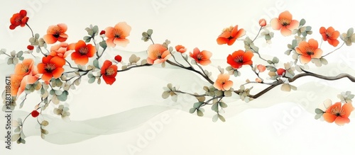Wallpaper Mural Vibrant red and orange flowers delicately arranged on pale background with soft green leaves, creating a harmonious floral composition. Torontodigital.ca