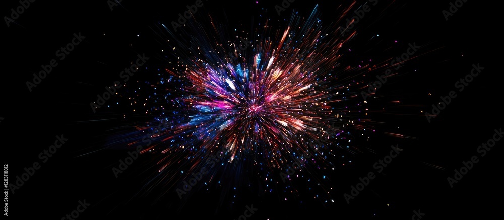Fototapeta premium Vibrant multicolored fireworks explode in the center against a deep black sky, showcasing bursts of pink, blue, and gold light in dynamic display.