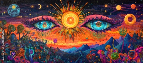 Vibrant psychedelic portrait with blue eyes and a radiant sun set against a surreal landscape of vivid colors, cosmic elements, and imaginative designs.