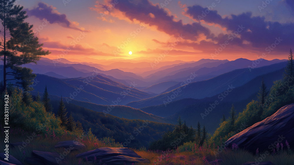 Obraz premium Stunning sunset over smoky mountains, with warm hues and misty clouds enveloping the scene
