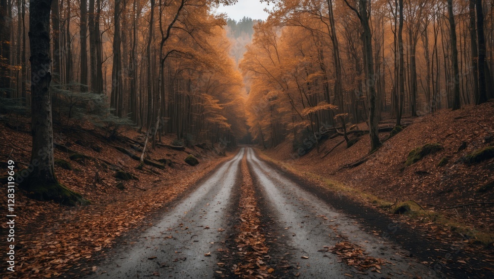 Fototapeta premium Autumn forest road with trees shedding leaves in warm orange tones on a misty day in a rural landscape setting
