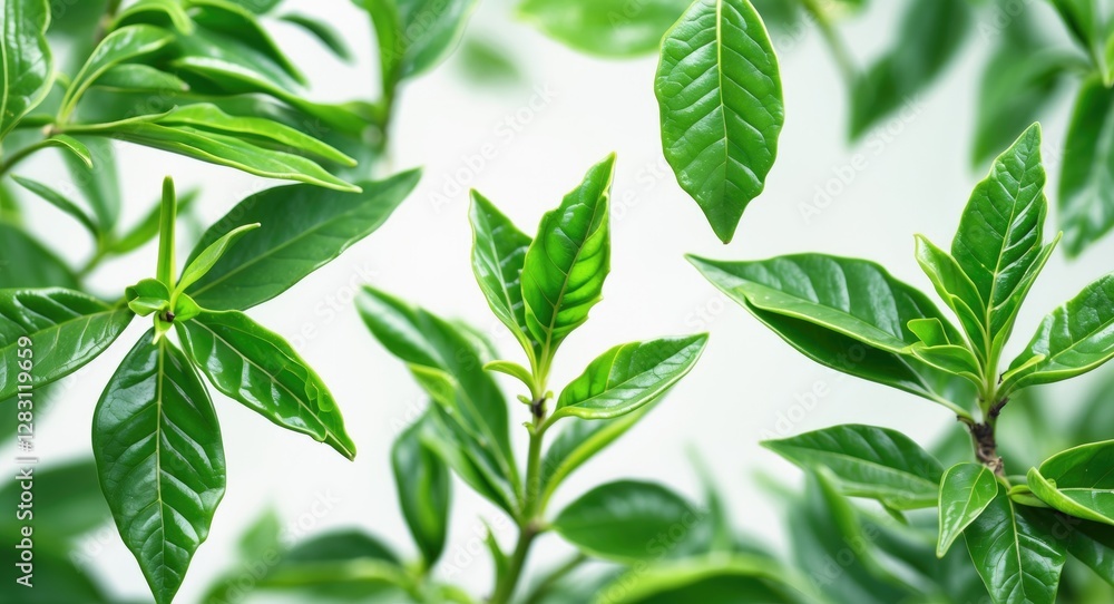 Green leaves of a tropical plant with glossy surfaces and varied shapes on a soft blurred background