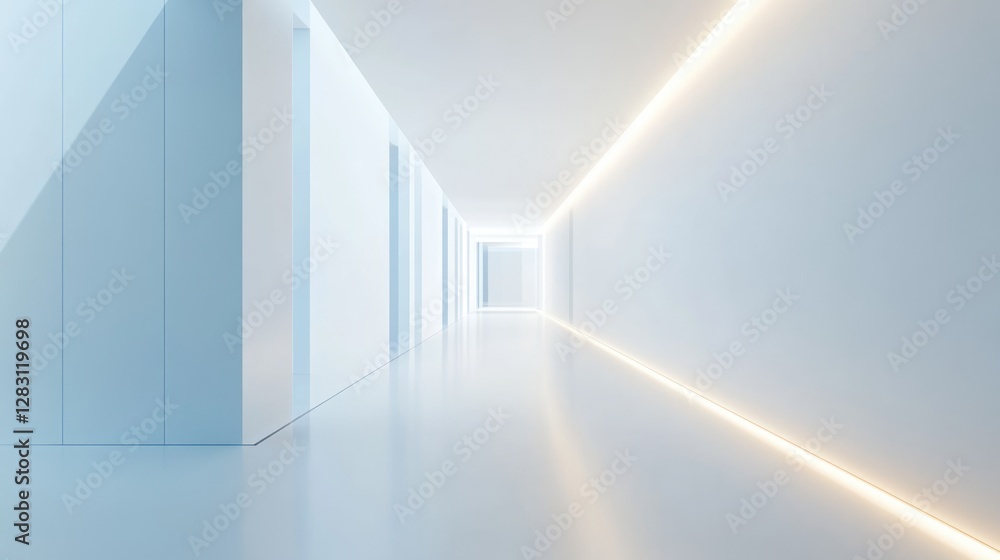 Fototapeta premium Bright White Corridor with Soft Lighting: Minimalist Architectural Interior Design