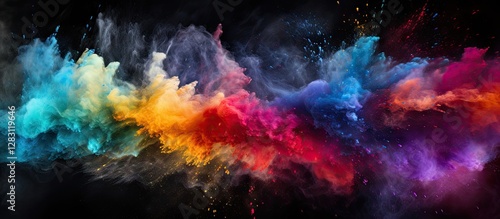 Vibrant explosion of colored powder with hues of blue, orange, red, and purple swirling against a dark background, creating a dynamic artistic effect.
