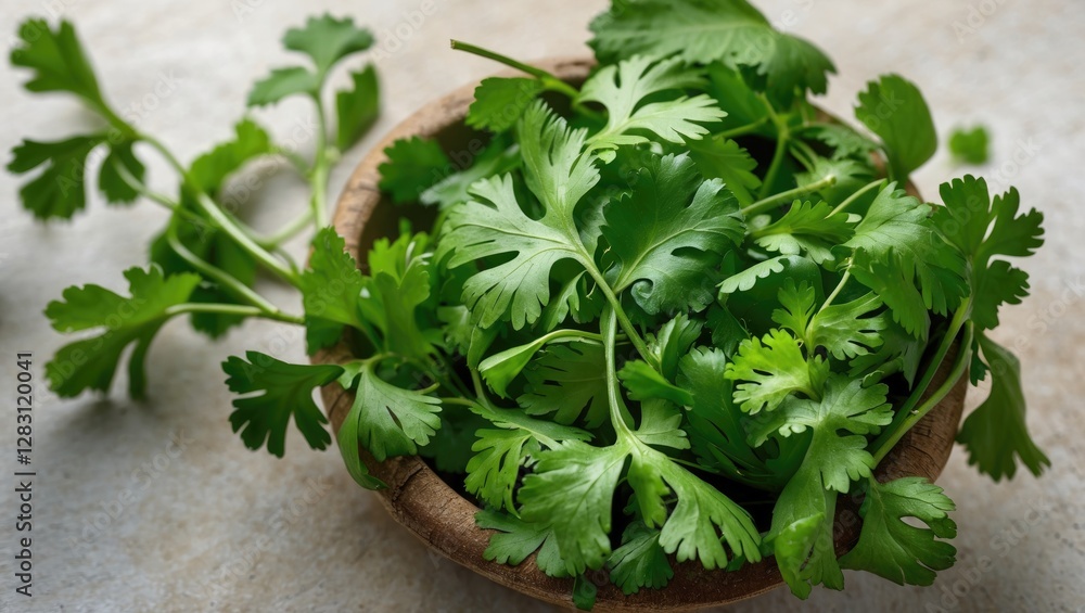 Fresh cilantro leaves in a wooden bowl with stems on a textured surface natural light backdrop Fresh cilantro leaves in a wooden bowl with stems on a textured surface natural light backdrop