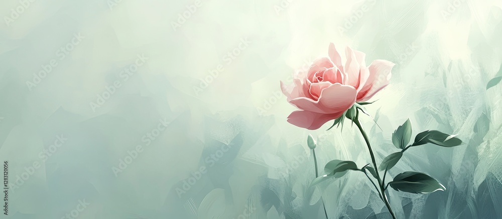 Obraz premium Delicate pink rose positioned slightly left with soft green foliage against a blurred light backdrop creating a serene and gentle atmosphere.