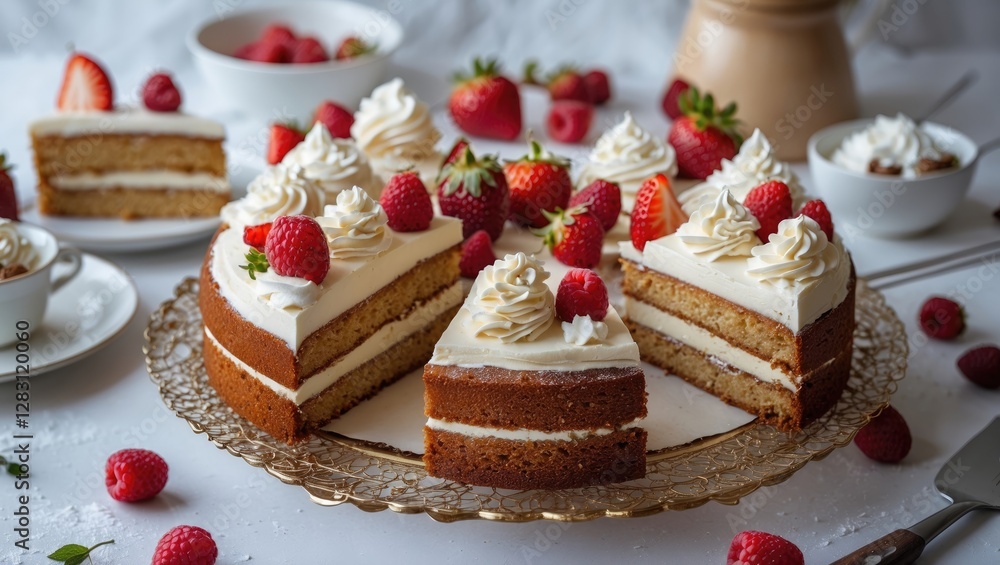 Layered vanilla cake with raspberry and strawberry toppings served on a decorative platter with fresh berries and whipped cream Layered vanilla cake with raspberry and strawberry toppings served on a decorative platter with fresh berries and whipped cream