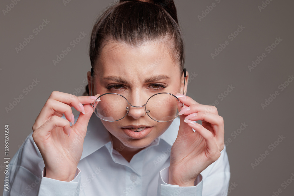Confused woman squinting while adjusting her glasses, struggling to see clearly, vision problem concept. Confused woman squinting while adjusting her glasses, struggling to see clearly, vision problem concept.