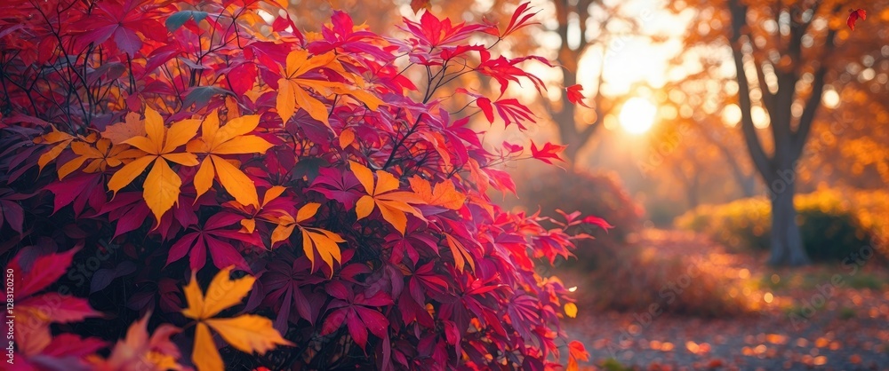 Colorful autumn leaves in a park during sunset with soft natural light and blurred background capturing seasonal beauty and tranquility. Colorful autumn leaves in a park during sunset with soft natural light and blurred background capturing seasonal beauty and tranquility.