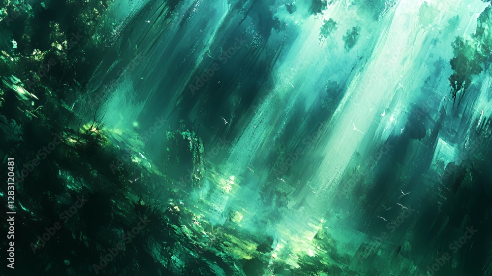 Abstract Teal And Green Light Rays In Dark Background Abstract Teal And Green Light Rays In Dark Background