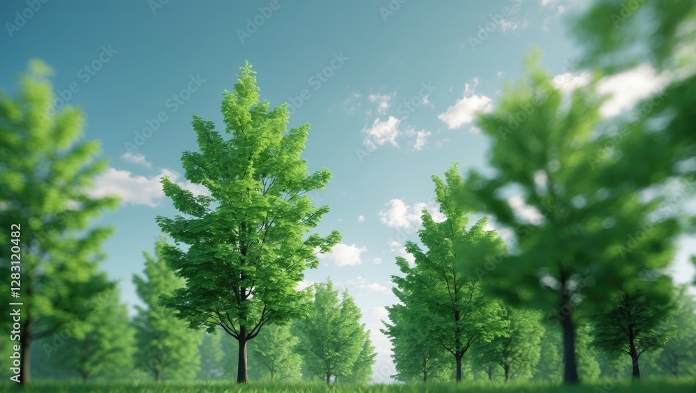 Lush green trees in bright sunlight with blue sky and fluffy clouds in a serene natural landscape scene