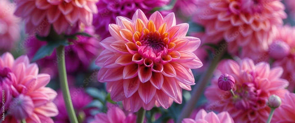 vibrant pink dahlia flowers with layered petals in a garden setting blossoms in focus against a blurred background of green foliage vibrant pink dahlia flowers with layered petals in a garden setting blossoms in focus against a blurred background of green foliage