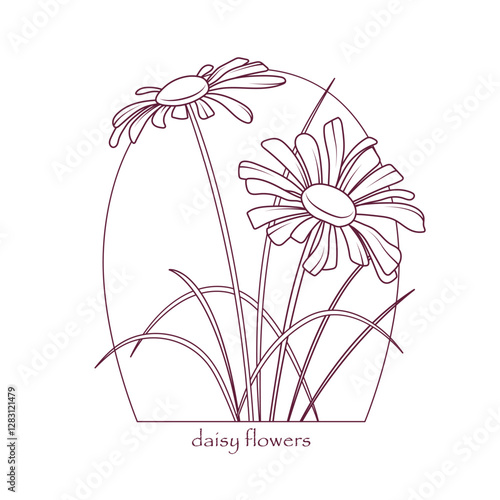 Vector illustration of bouquet of daisy flowers in sketch style isolated on white. Composition of flower, grass for design, card, poster, flower shop decoration.